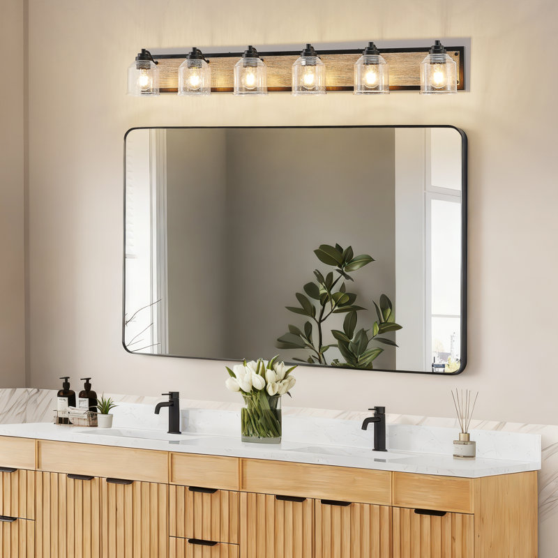 Miroir de salle de bain 6 lumières avec abat-jour en verre grainé et auvent en grain de bois Farmhouse, Six lumières
