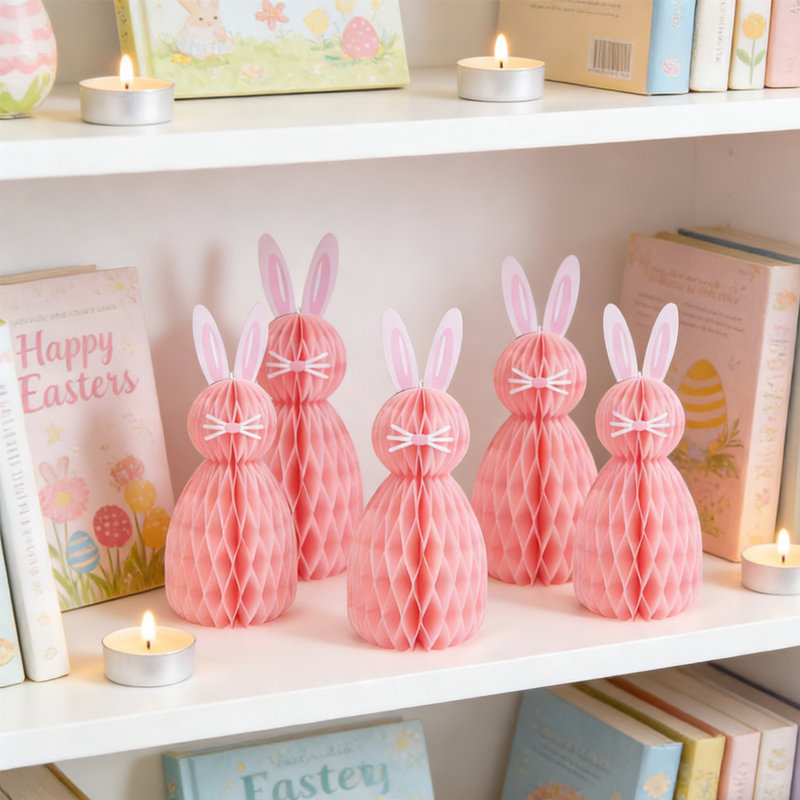 10Pcs Paper Rabbit Ornament, Spring Easter Honeycomb Bunny Party Decoration For Holidays(Set Of 10), Pink