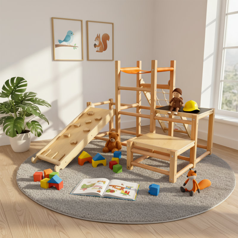 Aire de jeu intérieure en bois pour tout-petit 7-en-1 Funphix