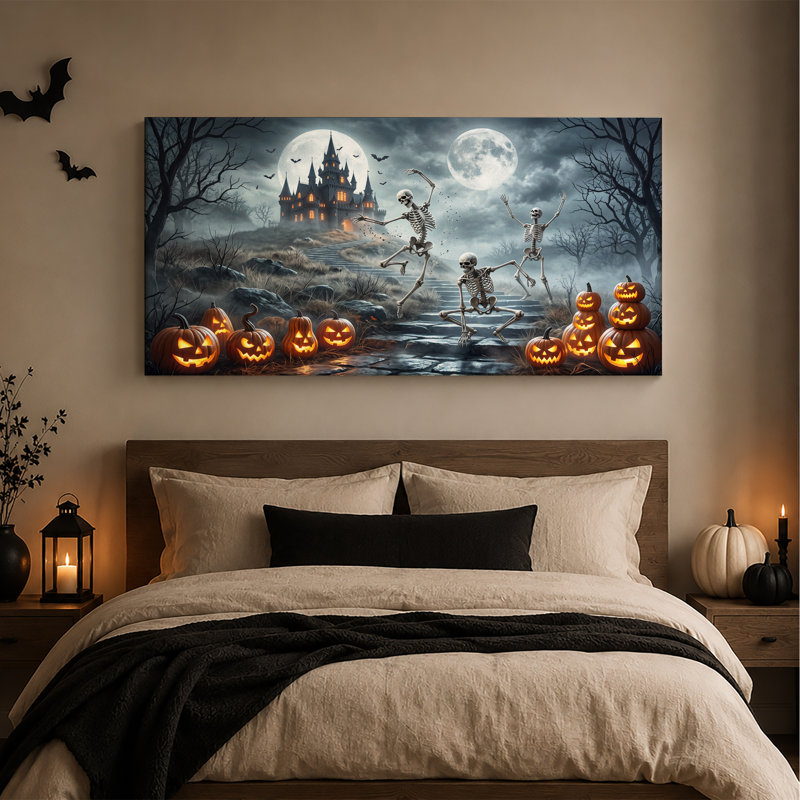 «Dancing Skeletons And Pumpkins» par Haunted Castle, art mural sur toile, L 24 po x H 12 po