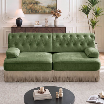 76.6" Velvet Upholstered Chesterfield Sofa with Tassel Fringe Skirt