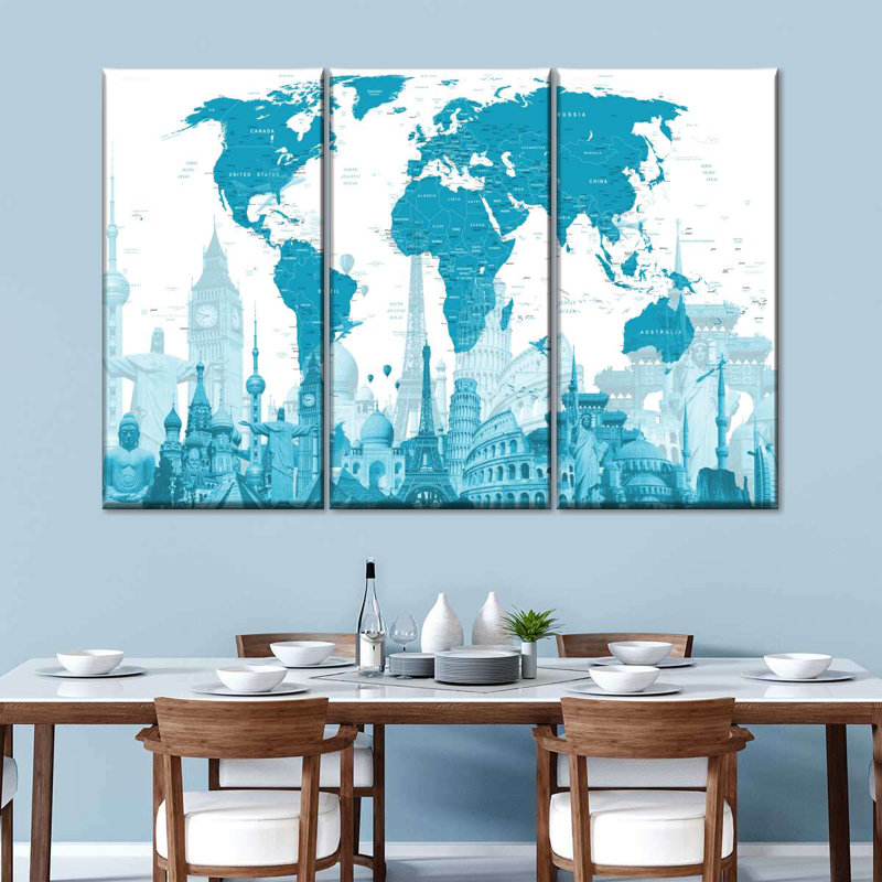 Carte mystique du monde bleu sur toile, ensemble de 3 pièces, H 48 po x l 74 po x P 1,25 po