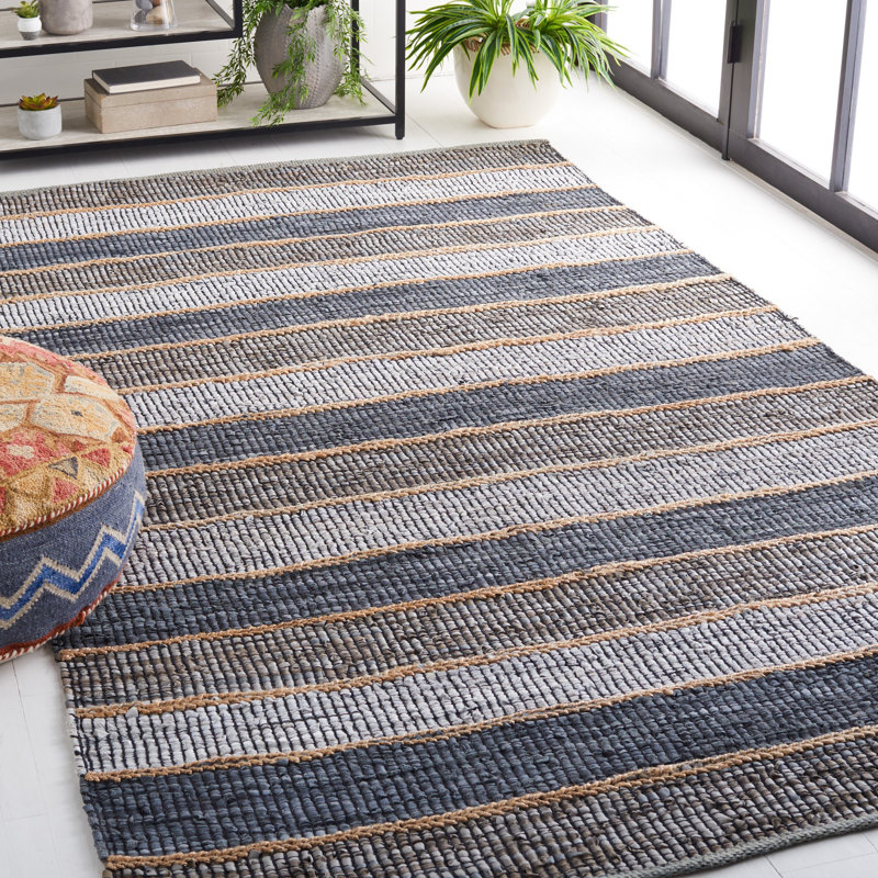 Gereline Vintage Leather Hand Woven Leather/Jute Striped Rug in Grey/Natural, Rectangle 5' x 8'