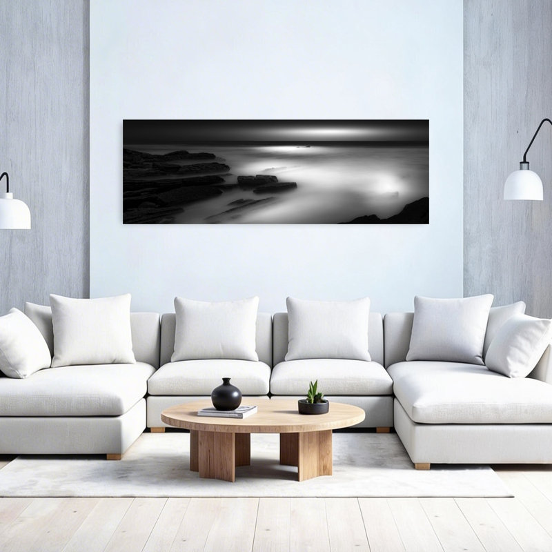«Serene Misty Coast», art dramatique abstrait de paysage côtier de rêve, H 20 po x l 60 po