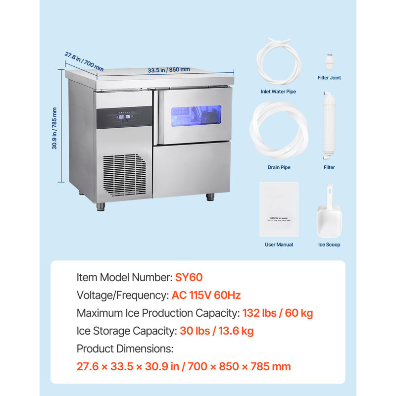 Commercial Ice Maker Machine, 132 lbs/24H Stainless Steel Ice Machine with Worktop, 30 lbs Storage & 70 Cubes/Cycle, Self-Cleaning Freestanding Ice-Making for Home Bar Office Restaurant Kitchen