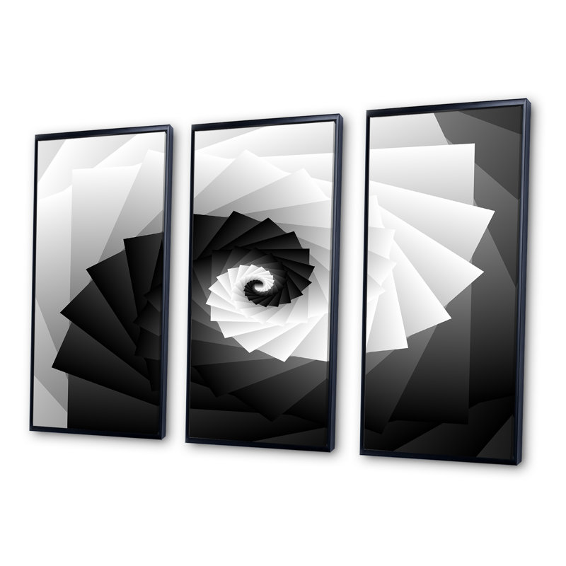 «Black and White Rotating Squares Spirals», reproduction de cadre flottant sur toile 3 pièces, Cadre noir