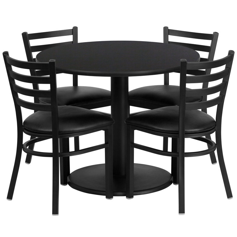 Neelam 36'' Round Laminate Table Set with Round Base and 4 Ladder Back Metal Chairs, Black Faux Leather, Black Faux Leather