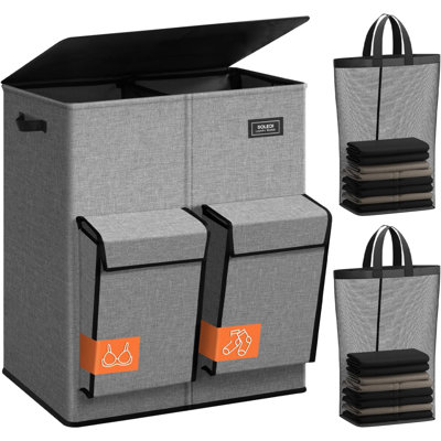 Double Laundry Hamper With Lid, 47.8 Gal (180L) Large Laundr Basket 2 Section With 2 Side Pockets, Dirty Clothes Hamper With Removable Bag, Easy To Carry For Laundry Room, Bedroom, Grey