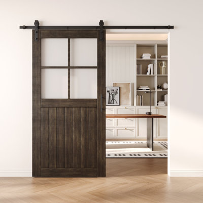 Porte de grange en verre givré non assemblé et fini 26 po x 80 po Homacer Ebony
