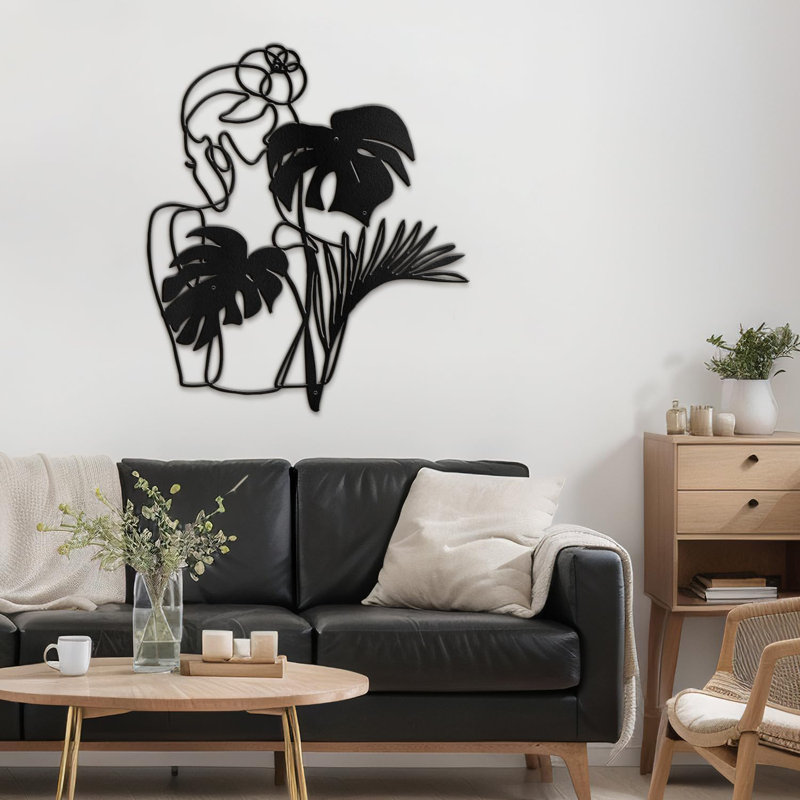 Elegant Monochrome Woman and Flora Modern Abstract Wall Accent Sculpture Hanging Decoration Metal Wall Decor, Blck