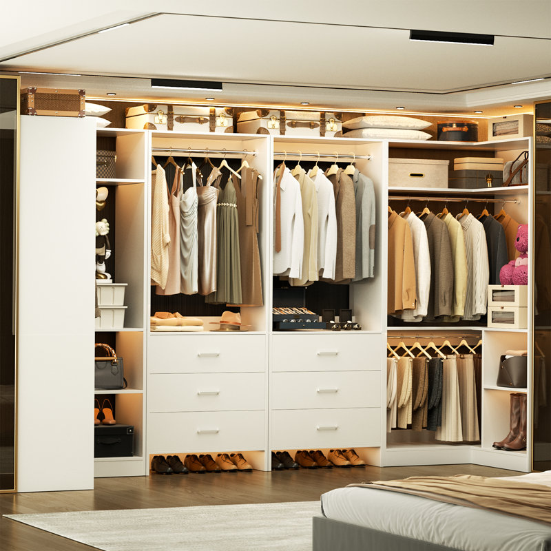 88.8" Closet System with Wooden Drawers and Hanging Rods, White