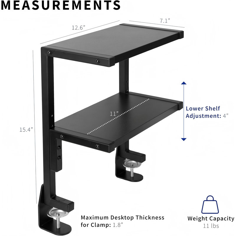 Étagère Clamp-On 13 pouces au-dessus ou en dessous du bureau à 2 niveaux pour accessoires de table, consoles de jeu, et plus, plateau de rangement, organisateur de bureau, noir