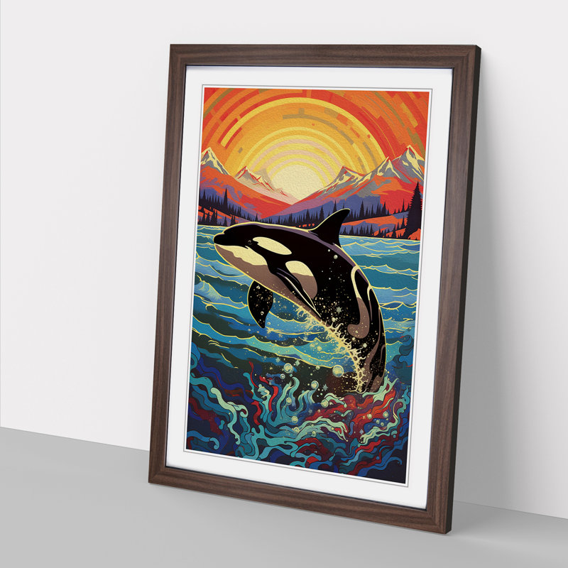 Orca Whale - Single Picture Frame Print on Wood, 64cm H x 46cm W x 2cm D, Walnut
