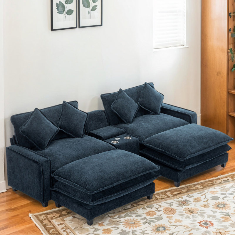 Canapé modulaire modulaire avec 2 repose-pieds, ports USB, porte-gobelets et rangement caché - Canapé en L revêtu de chenille