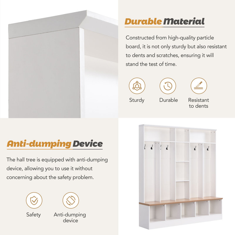 Hall Tree With Storage Bench - Minimalist Shoe Cabinet With Cubby Compartments And Shelves, White