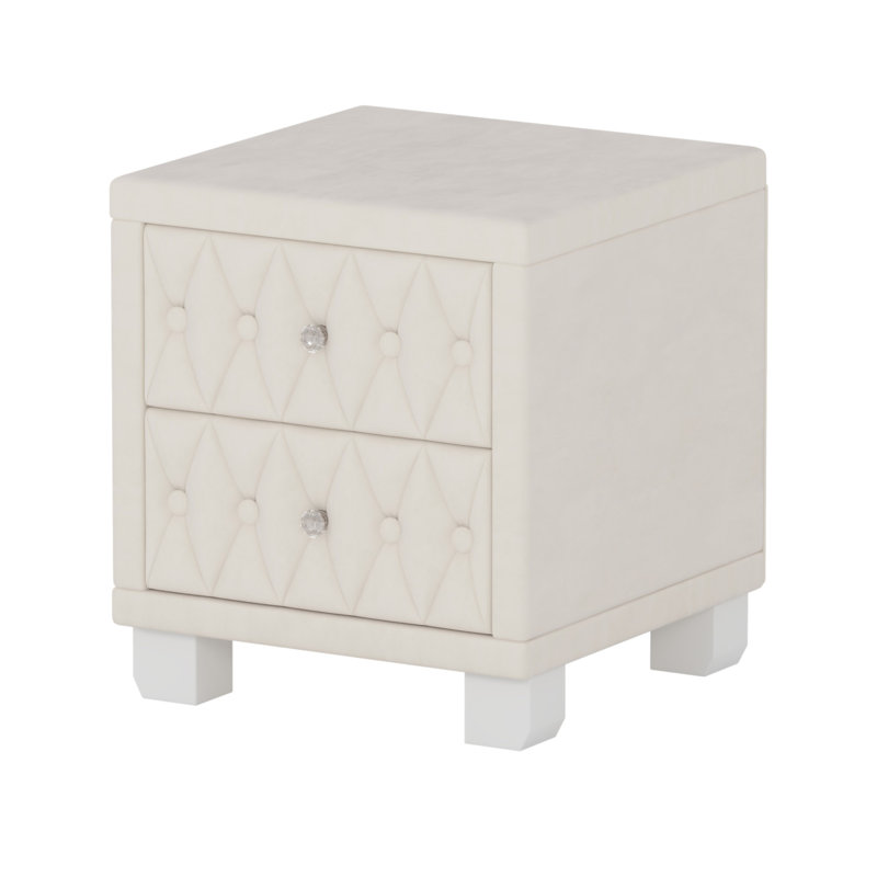 Élégante table de chevet en velours avec 2 tiroirs et poignée en cristal, table de chevet avec capitonnage, Beige