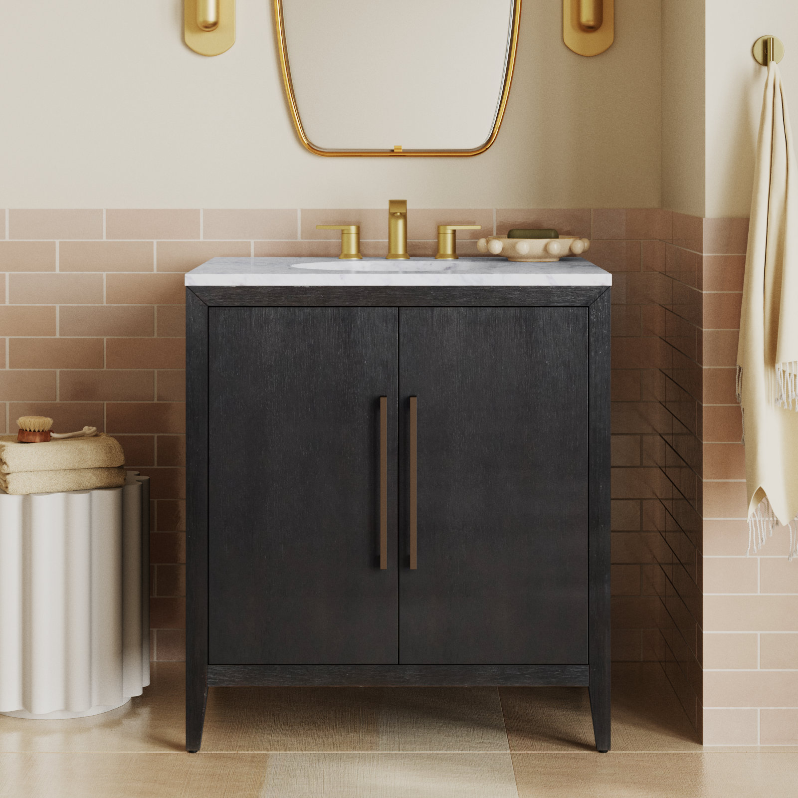 Alsup 30" Single Vanity with Quartz Top, Carrara Marble, Wire Brushed Dark Oak