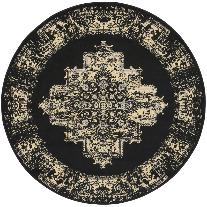 Burnie Oriental Black/Cream Area Rug, Runner 5'3" x 5'3"