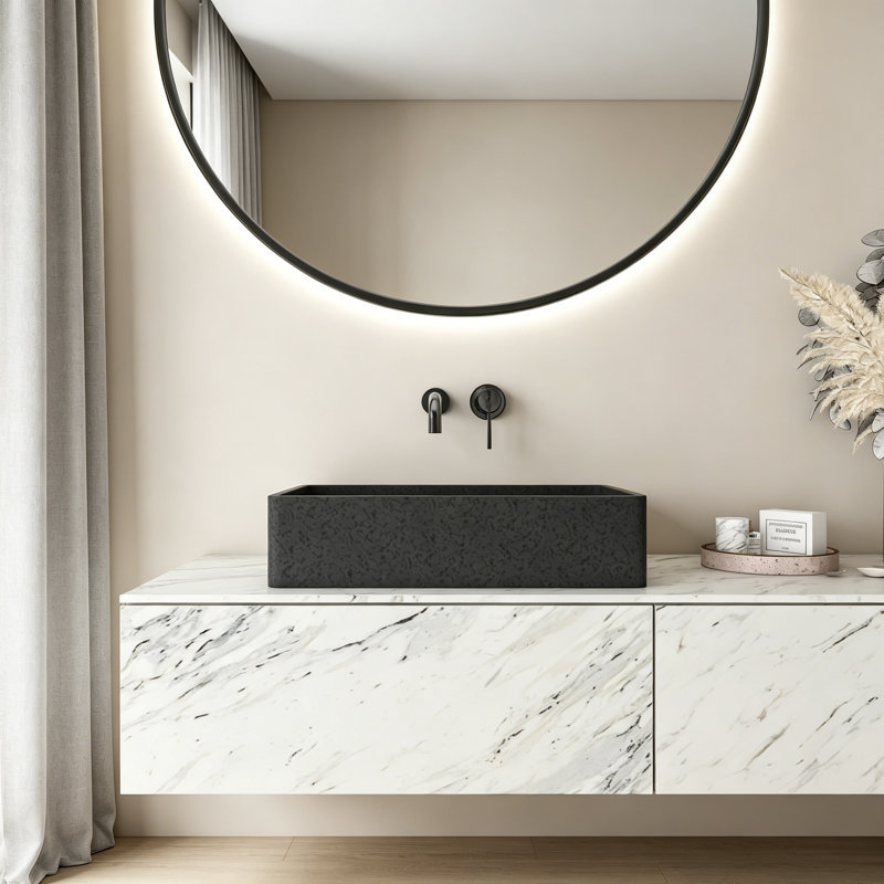 19.68'' Concrete Vessel Rectangular Modern Dark Gray With Patterns Bathroom Sink, Dark Gray
