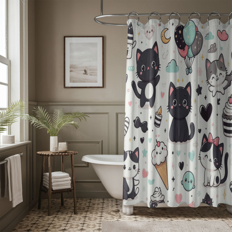 Rideau Diyala ronronnant en noir et blanc - Douche standard 1 pièce, H 74 po x l 71 po
