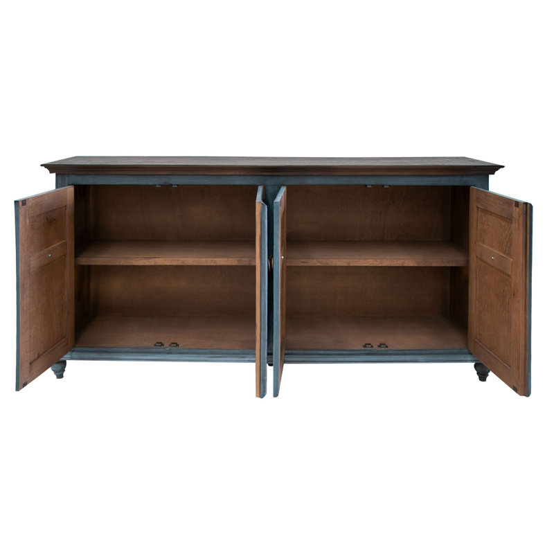 Buffet console 73 pouces Cip, pin, 4 portes, poignées anneaux, bleu foncé