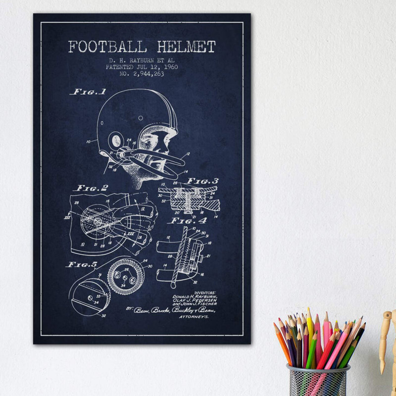 Football Helmet Navy Blue Patent Blueprint 1 Piece Wrapped Canvas Wall Art, 20.32 cm H x 30.48 cm W