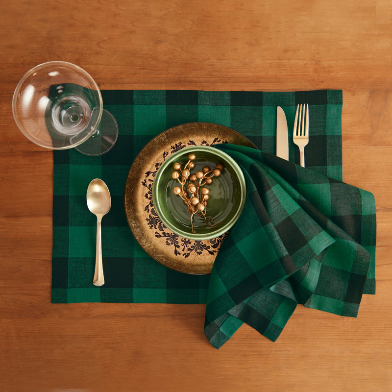 Buffalo Check - 100% Pure Linen Dinner Napkins, Green/Black