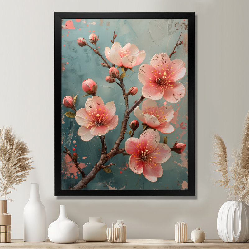  «Pink Gray Cherry Blossom Feminine Charm II - Décoration murale cerisier en fleurs, Encadrement argenté, H 12 po x l 20 po