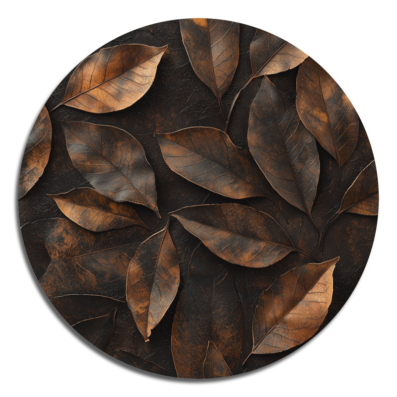 «Brown Sable Leaves I», art mural rond en métal sur fond brun traditionnel, H 23 po x l 23 po