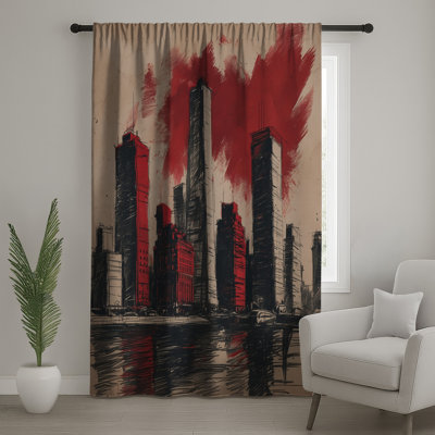 Red Skyscraper Skyline Window Curtains, Skyscraper Sheer & Blockout Curtains - 1 Panel