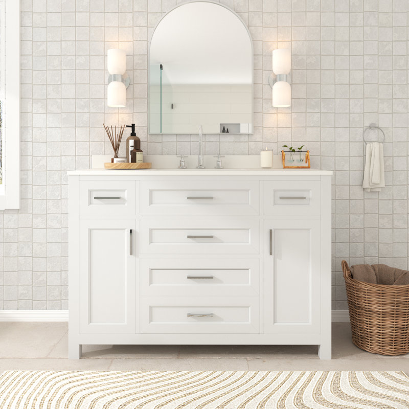 Ensemble de meuble-lavabo simple 48 po avec lavabo et dosseret en céramique 48 po, Nickel brossé, Blanc
