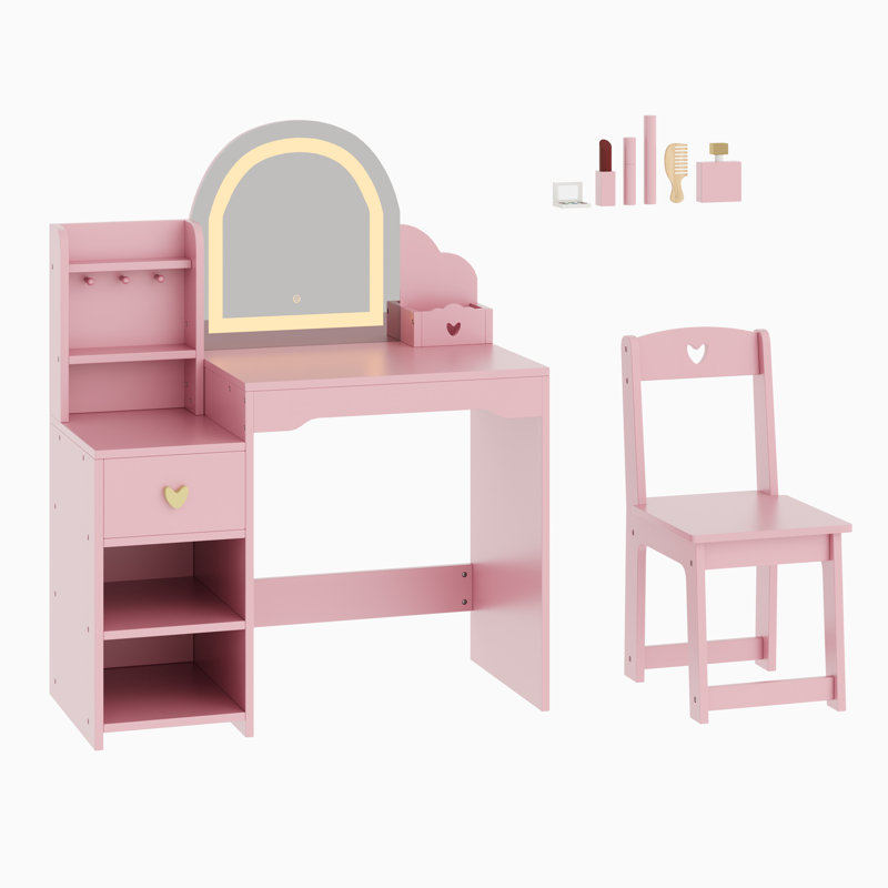 Coiffeuse 2 en 1 Princesse pour enfants avec miroir lumineux - Table de maquillage pour petites filles - Mobilier de chambre d'enfant - Couleur : Rose