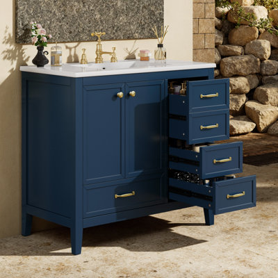 Meuble-lavabo de 36 po avec lavabo, structure et pieds en bois de pin massif, porte à fermeture en douceur, 4 tiroirs de différentes tailles, comptoir en céramique, meuble-lavabo autoportant pour salles de bain de taille moyenne