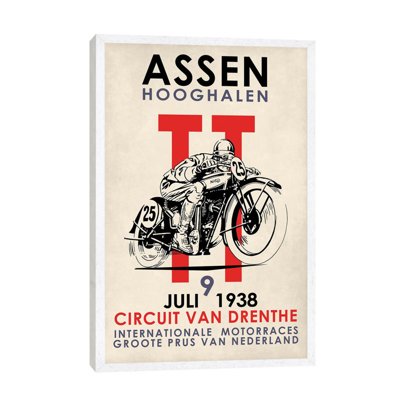 Assen TT Motorcycle Races 1938 by Mark Rogan - Print on Canvas, 152.5 cm H x 101.5 cm W, White Framed