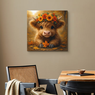 Mignonne vache des Highlands avec couronne de fleurs, images d'animaux de ferme rustiques, impression sur toile encadrée