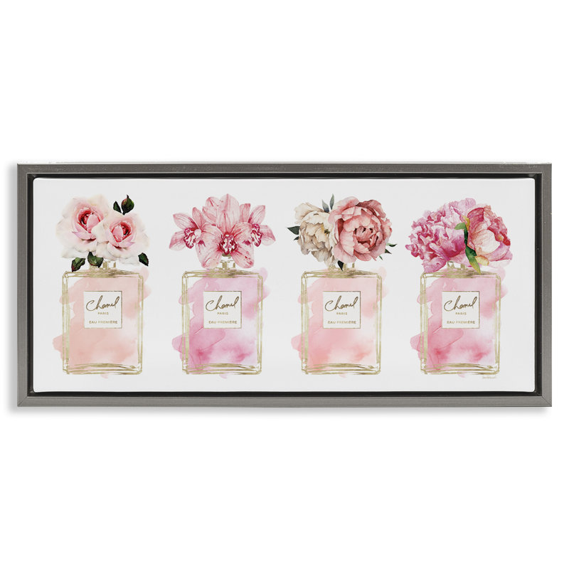 Art floral sur toile, "Bouquets de fleurs" Glam Fashion Jars Floater, Cadre flottant gris lustré, H 14 po x l 31 po