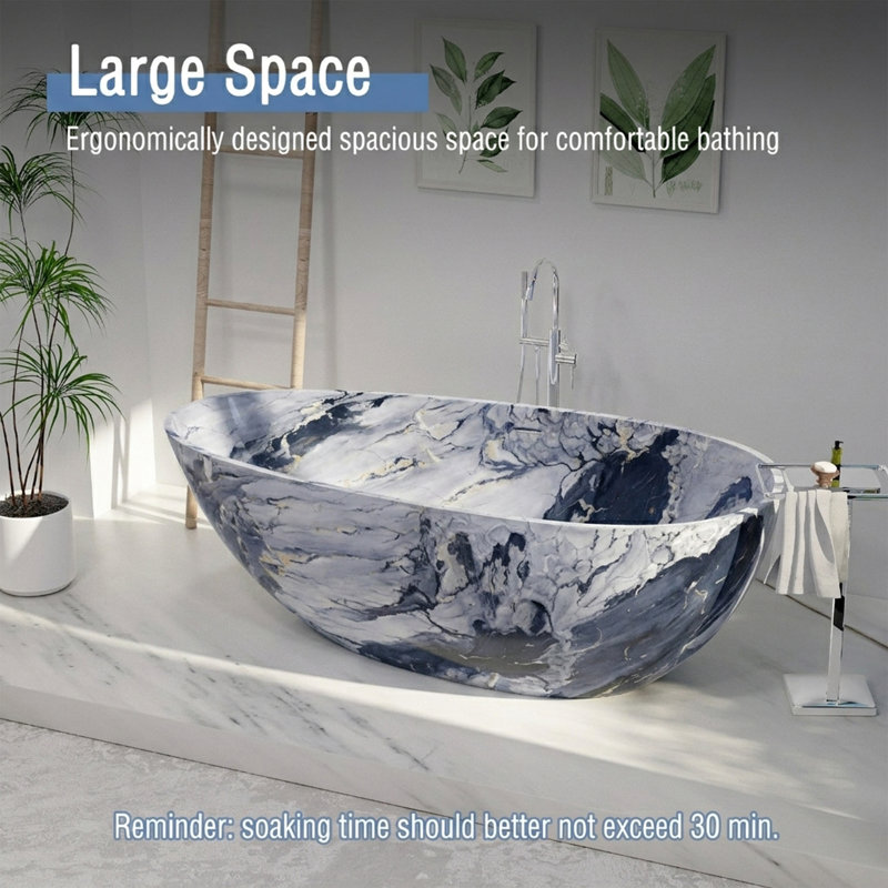 59" Egg Shape Ink Marble Freestanding Solid Surface Bathtub, Blue Marble