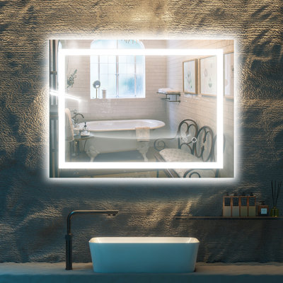 Eleen Rectangular Frameless Modern High Lumen Lighted LED Mirror Anti-Fog Wall Mounted Bathroom Vanity Mirror with Lights Large Dimmable Makeup Mirror Home Decor Mirror(Horizontal/Vertical)