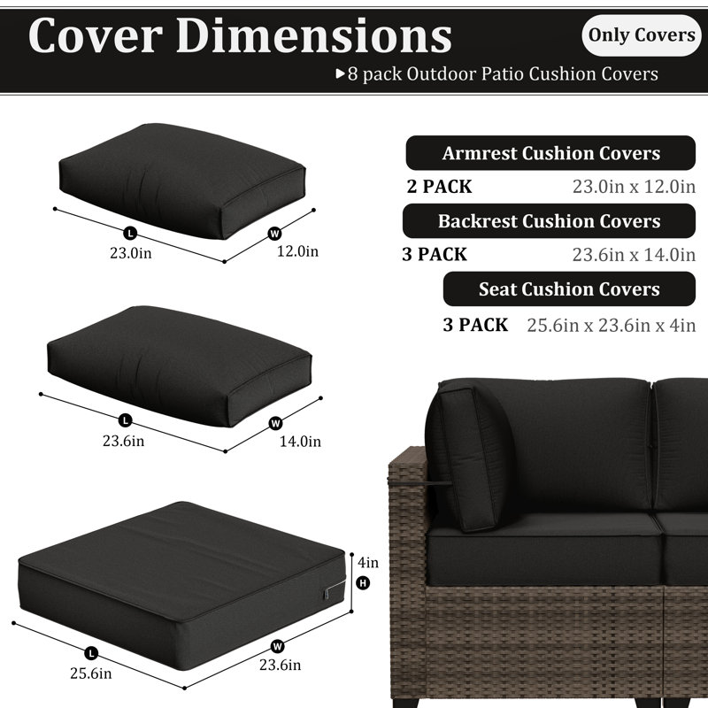 Ensemble de 8 coussins de remplacement pour l'extérieur de 4 po - 3 coussins de siège, 3 dossiers, 2 coussins de coin - Ensemble de coussins seulement