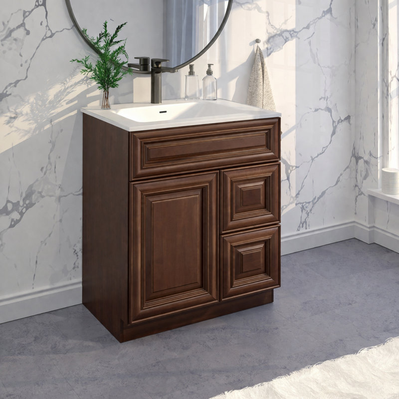 Maple walnut bathroom vanity base with two stacked drawers and one cabinet door