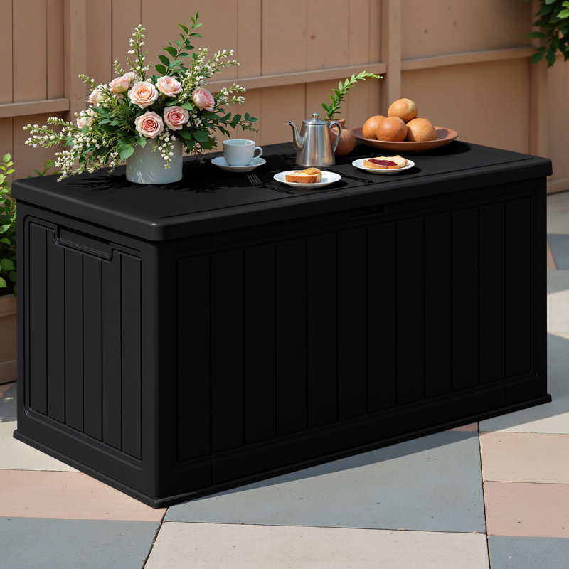 150 Gallon Resin Lockable Deck Box With Dividers, Outdoor Waterproof Patio Furniture, Black