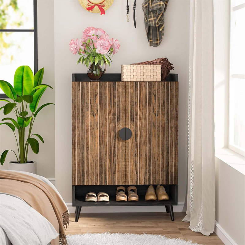 Armoire à chaussures 29,6 pouces en bois rustique avec portes, rangement à 7 niveaux pour les entrées et les petits espaces