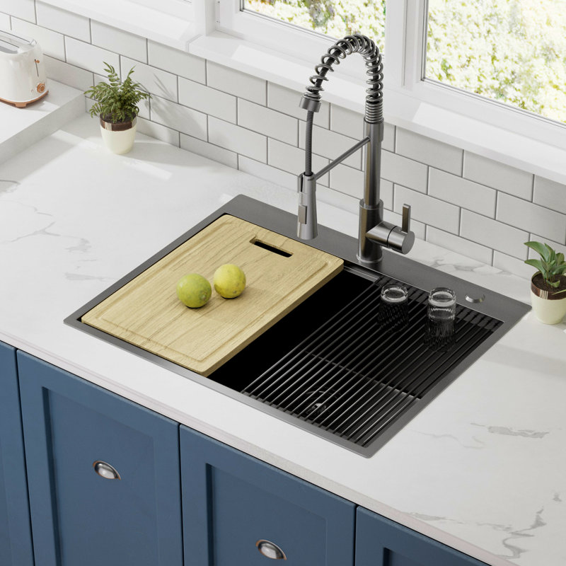 Single Bowl Stainless Steel Kitchen Sink, 18-Gauge, Black