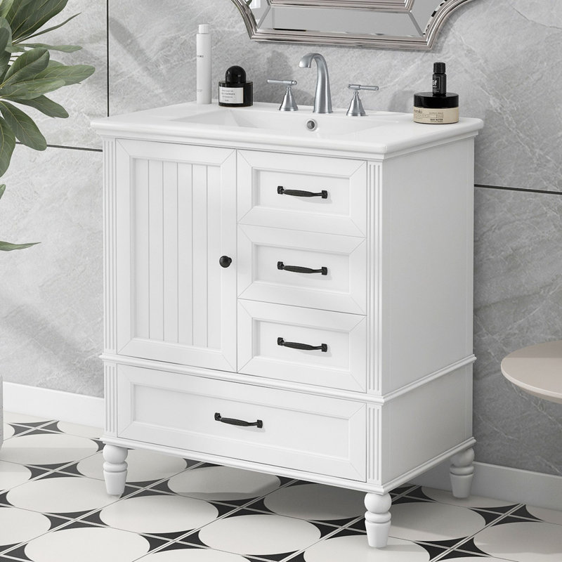 Meuble-lavabo 30 po avec lavabo, armoire de salle de bain avec porte, trois tiroirs, patins réglables, Blanc