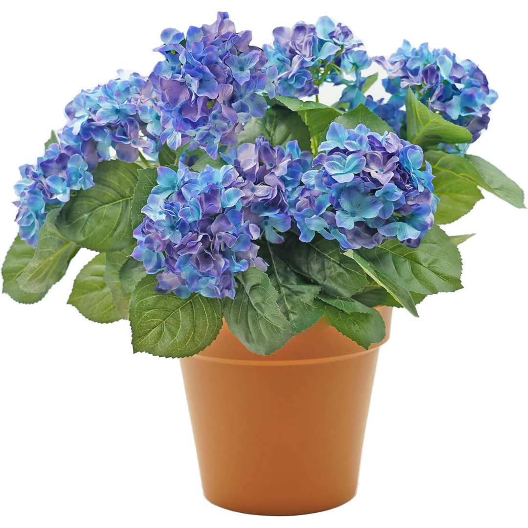 Premium Quality Artificial Hydrangea Flower Bush in Terracotta Coloured Pot (50cm) with Nine Flower Clusters for