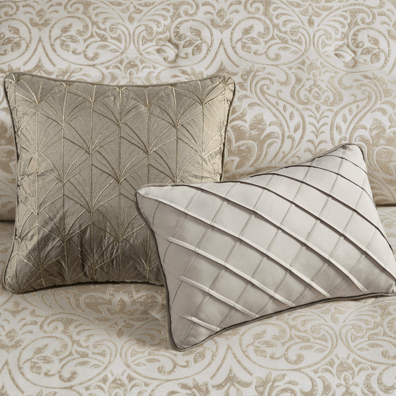 Édredon, très grand, kaki - 12 pièces dont 1 édredon, 2 taies décoratives européennes, coussins décoratifs, drap-housse, taies d'oreiller plates exquises avec fil métallique doré