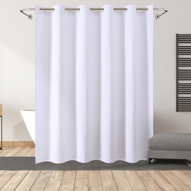 No Hooks Required Waffle Weave Shower Curtain, Machine Washable, Weighted Hem, 183 x 19 1cm, White