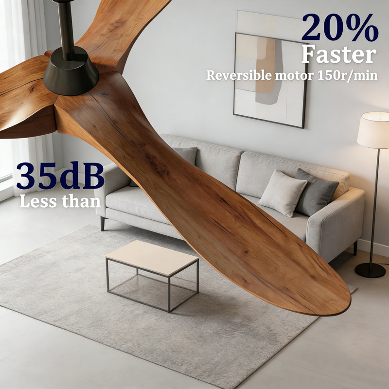3-Blade Solid Walnut Wood Ceiling Fan No Light, Quiet Reversible DC Motor with Remote Control, 70" Wide