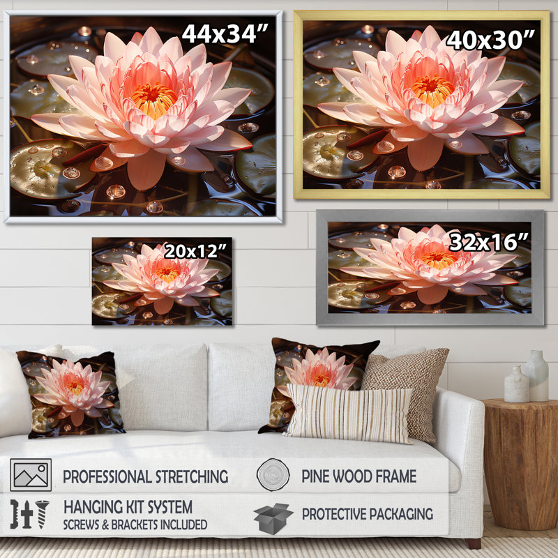 Nénuphars roses et roses, Cadre de coin blanc fermé, H 16 po x l 32 po x P 1 po