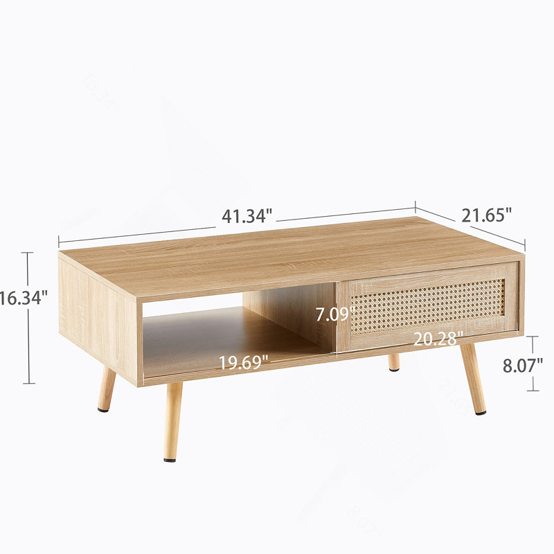 Table basse en rotin de 41,34 po, table basse, table basse en bois, table basse moderne, avec rangement à porte coulissante